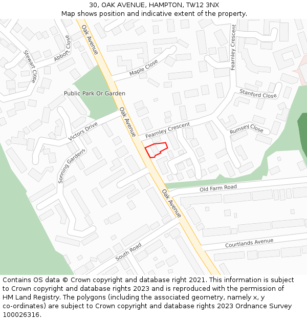 30, OAK AVENUE, HAMPTON, TW12 3NX: Location map and indicative extent of plot