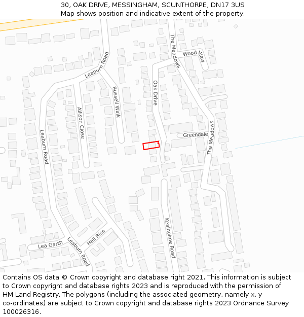 30, OAK DRIVE, MESSINGHAM, SCUNTHORPE, DN17 3US: Location map and indicative extent of plot