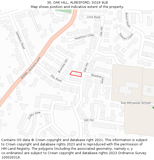 30, OAK HILL, ALRESFORD, SO24 9LB: Location map and indicative extent of plot