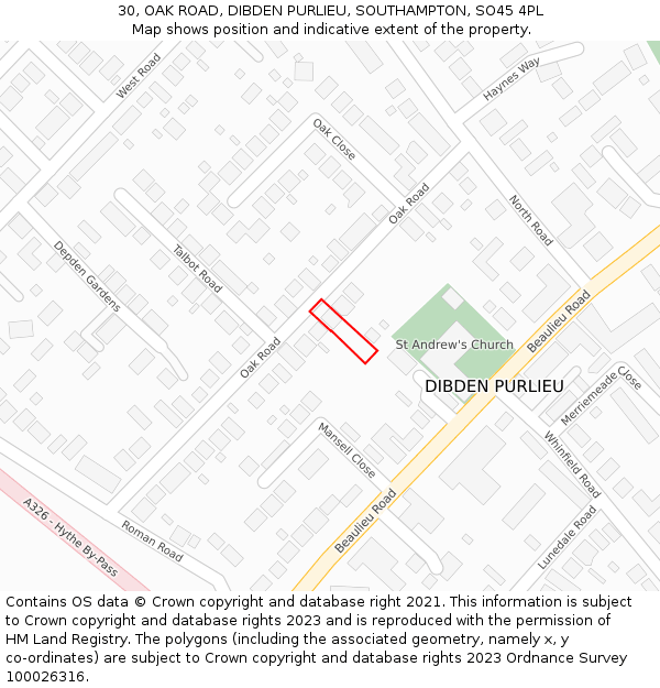 30, OAK ROAD, DIBDEN PURLIEU, SOUTHAMPTON, SO45 4PL: Location map and indicative extent of plot