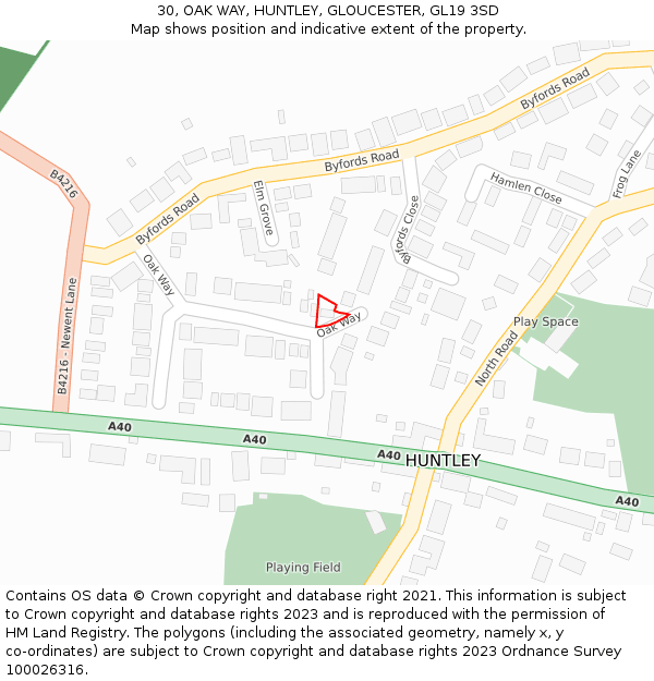 30, OAK WAY, HUNTLEY, GLOUCESTER, GL19 3SD: Location map and indicative extent of plot