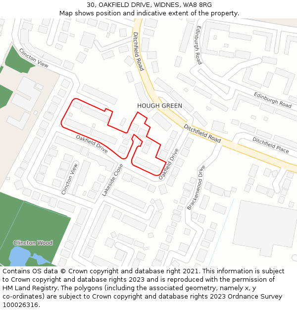 30, OAKFIELD DRIVE, WIDNES, WA8 8RG: Location map and indicative extent of plot