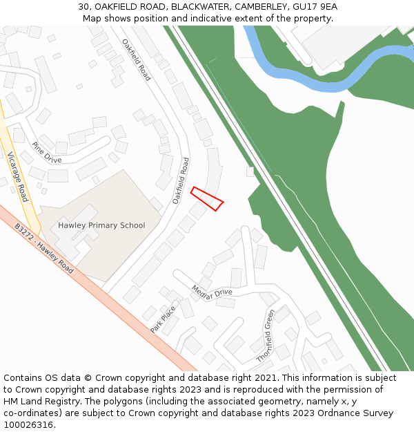 30, OAKFIELD ROAD, BLACKWATER, CAMBERLEY, GU17 9EA: Location map and indicative extent of plot