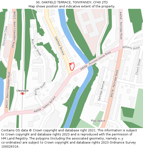 30, OAKFIELD TERRACE, TONYPANDY, CF40 2TD: Location map and indicative extent of plot