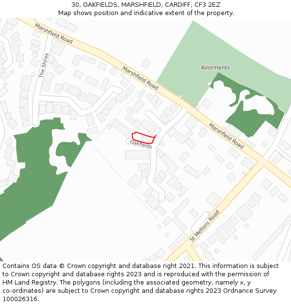 30, OAKFIELDS, MARSHFIELD, CARDIFF, CF3 2EZ: Location map and indicative extent of plot