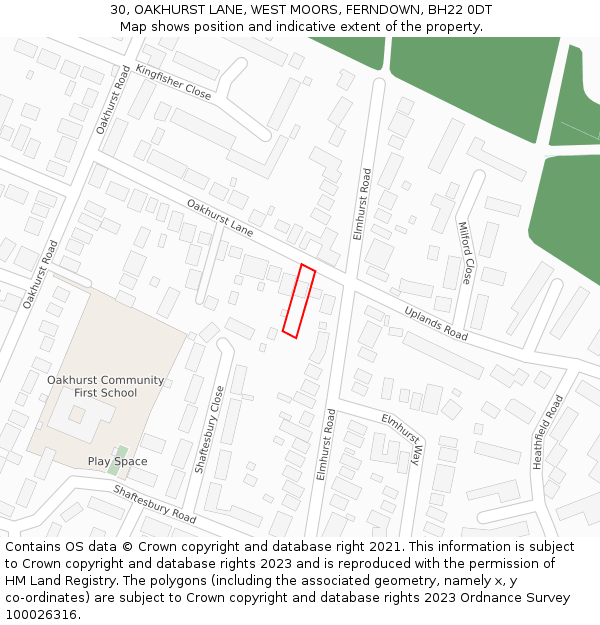 30, OAKHURST LANE, WEST MOORS, FERNDOWN, BH22 0DT: Location map and indicative extent of plot