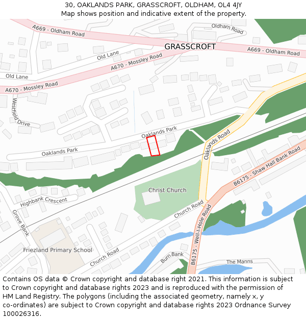 30, OAKLANDS PARK, GRASSCROFT, OLDHAM, OL4 4JY: Location map and indicative extent of plot