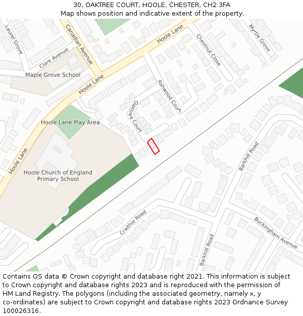 30, OAKTREE COURT, HOOLE, CHESTER, CH2 3FA: Location map and indicative extent of plot