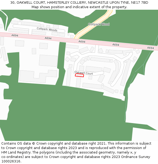 30, OAKWELL COURT, HAMSTERLEY COLLIERY, NEWCASTLE UPON TYNE, NE17 7BD: Location map and indicative extent of plot