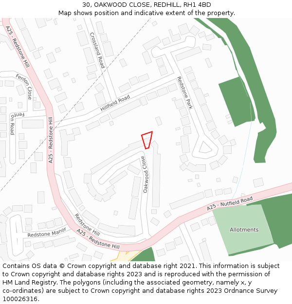 30, OAKWOOD CLOSE, REDHILL, RH1 4BD: Location map and indicative extent of plot