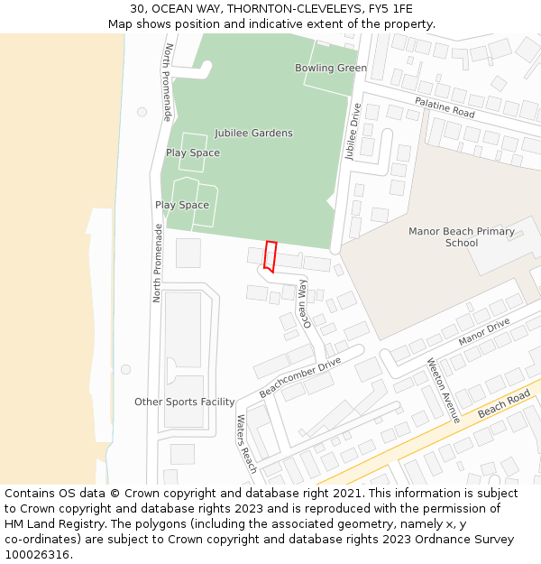 30, OCEAN WAY, THORNTON-CLEVELEYS, FY5 1FE: Location map and indicative extent of plot
