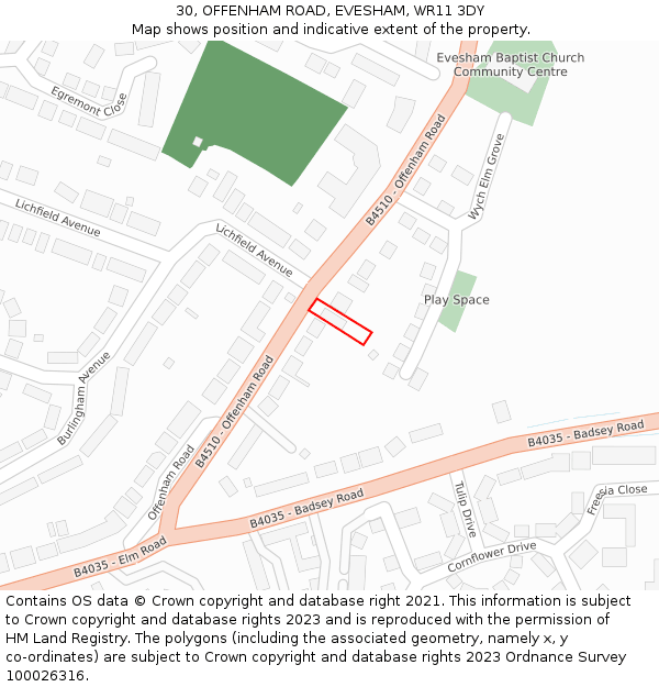 30, OFFENHAM ROAD, EVESHAM, WR11 3DY: Location map and indicative extent of plot