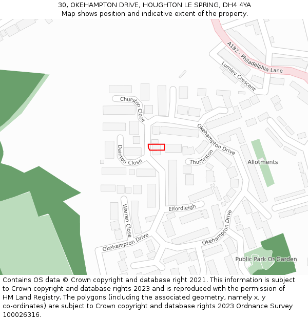 30, OKEHAMPTON DRIVE, HOUGHTON LE SPRING, DH4 4YA: Location map and indicative extent of plot