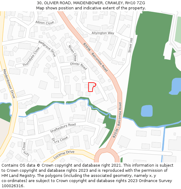 30, OLIVIER ROAD, MAIDENBOWER, CRAWLEY, RH10 7ZG: Location map and indicative extent of plot