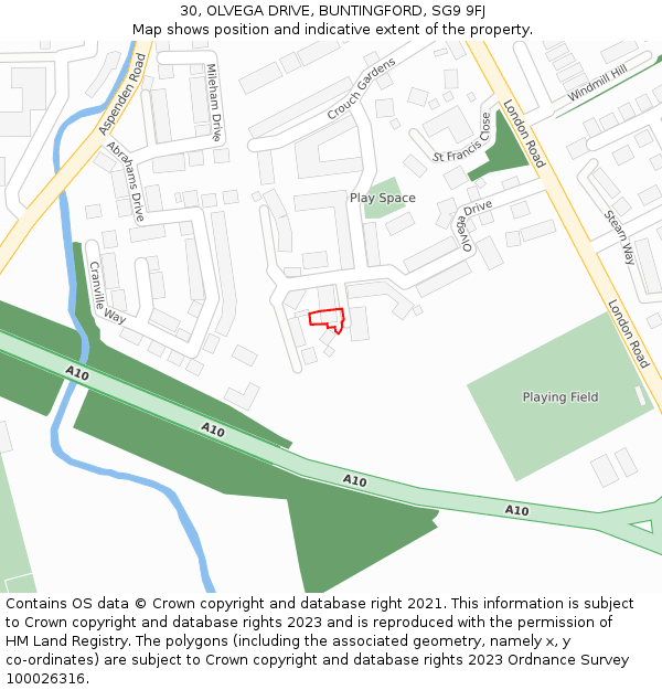 30, OLVEGA DRIVE, BUNTINGFORD, SG9 9FJ: Location map and indicative extent of plot