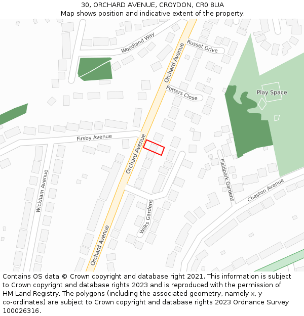 30, ORCHARD AVENUE, CROYDON, CR0 8UA: Location map and indicative extent of plot