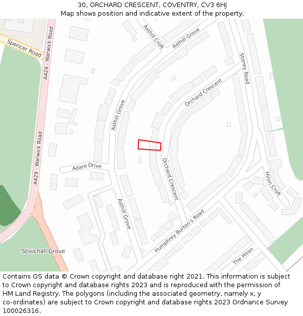 30, ORCHARD CRESCENT, COVENTRY, CV3 6HJ: Location map and indicative extent of plot