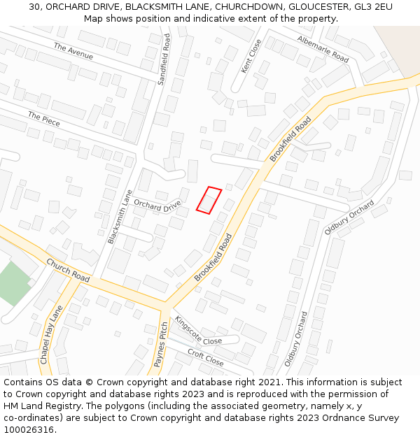 30, ORCHARD DRIVE, BLACKSMITH LANE, CHURCHDOWN, GLOUCESTER, GL3 2EU: Location map and indicative extent of plot