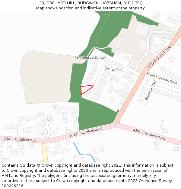 30, ORCHARD HILL, RUDGWICK, HORSHAM, RH12 3EQ: Location map and indicative extent of plot