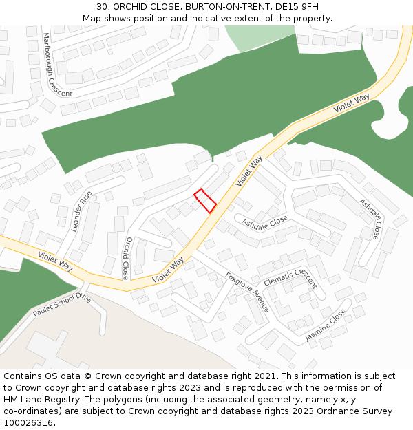 30, ORCHID CLOSE, BURTON-ON-TRENT, DE15 9FH: Location map and indicative extent of plot