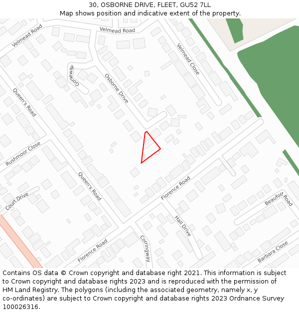 30, OSBORNE DRIVE, FLEET, GU52 7LL: Location map and indicative extent of plot