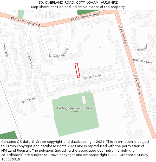 30, OVERLAND ROAD, COTTINGHAM, HU16 4PZ: Location map and indicative extent of plot