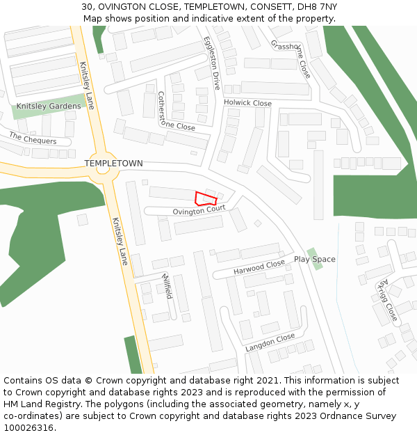 30, OVINGTON CLOSE, TEMPLETOWN, CONSETT, DH8 7NY: Location map and indicative extent of plot