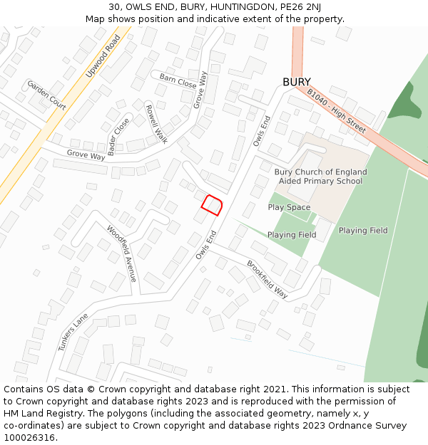 30, OWLS END, BURY, HUNTINGDON, PE26 2NJ: Location map and indicative extent of plot