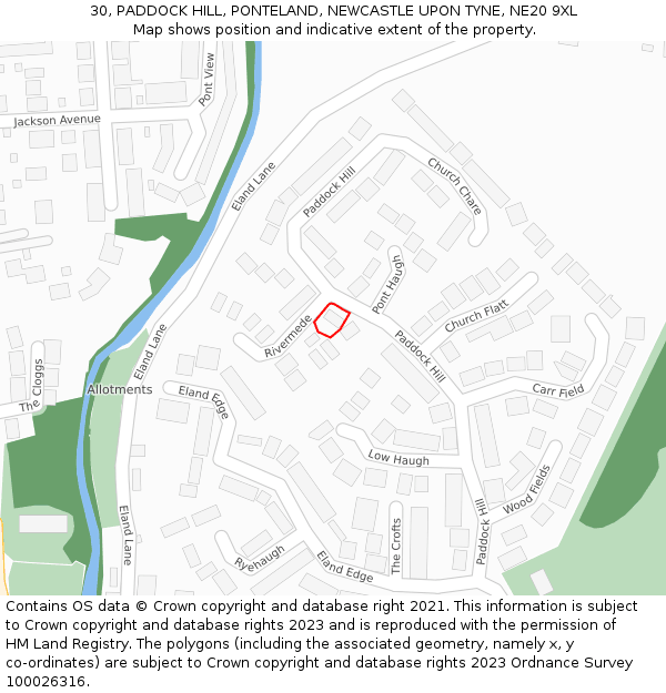 30, PADDOCK HILL, PONTELAND, NEWCASTLE UPON TYNE, NE20 9XL: Location map and indicative extent of plot