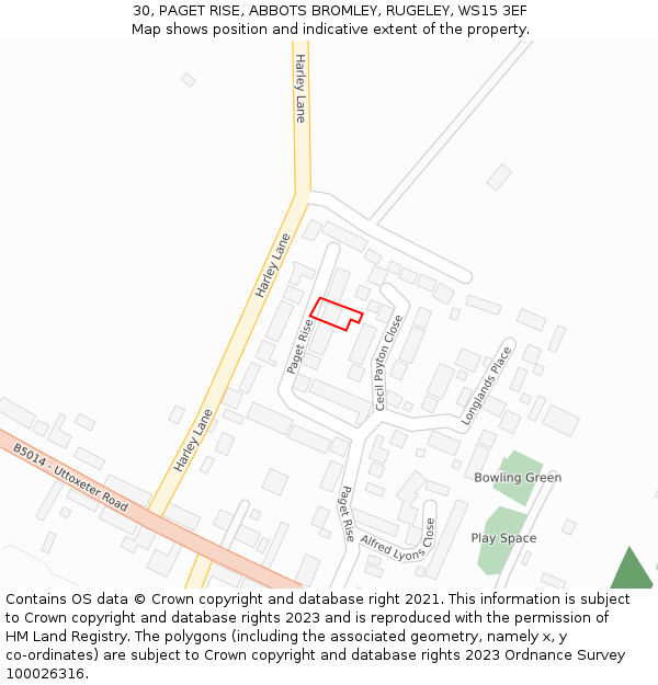 30, PAGET RISE, ABBOTS BROMLEY, RUGELEY, WS15 3EF: Location map and indicative extent of plot