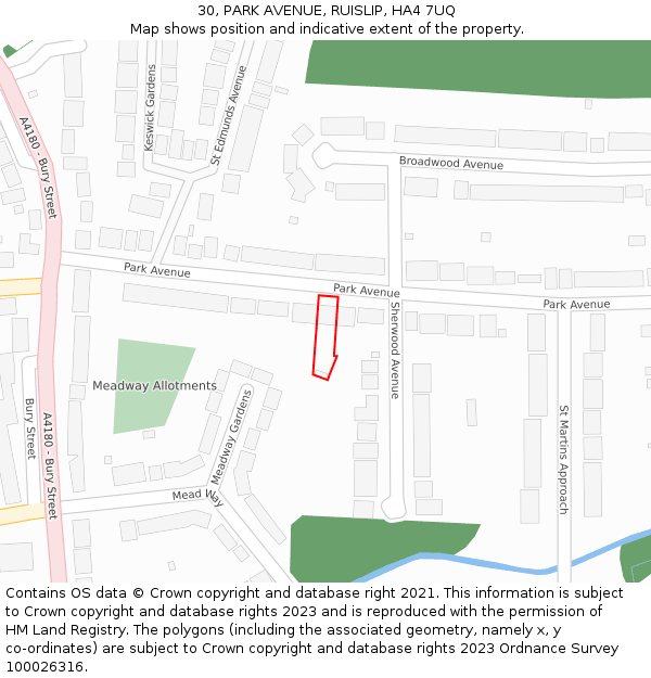 30, PARK AVENUE, RUISLIP, HA4 7UQ: Location map and indicative extent of plot
