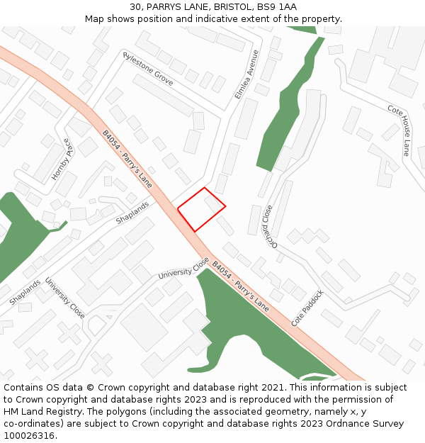 30, PARRYS LANE, BRISTOL, BS9 1AA: Location map and indicative extent of plot