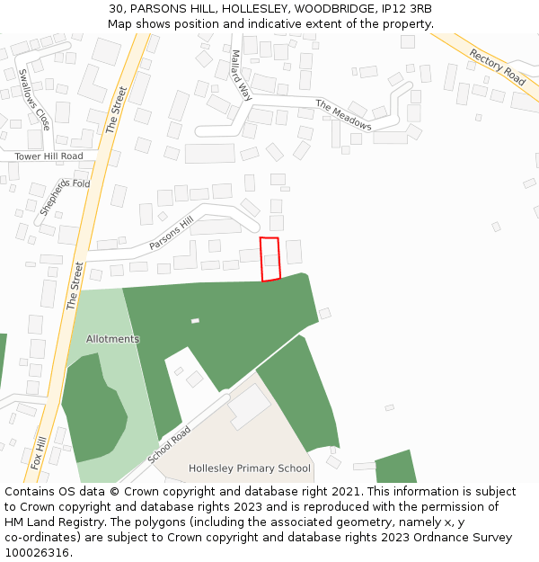 30, PARSONS HILL, HOLLESLEY, WOODBRIDGE, IP12 3RB: Location map and indicative extent of plot