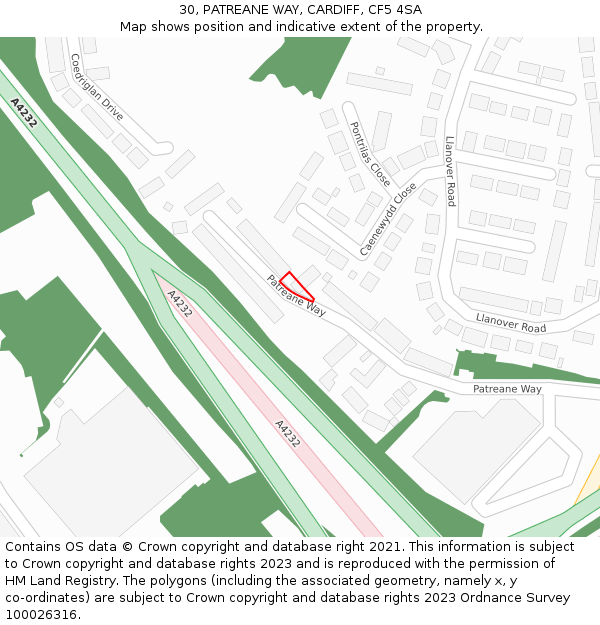 30, PATREANE WAY, CARDIFF, CF5 4SA: Location map and indicative extent of plot