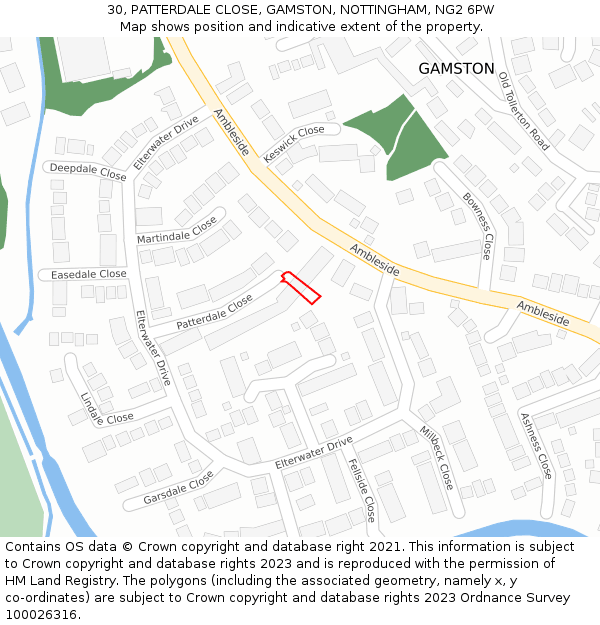 30, PATTERDALE CLOSE, GAMSTON, NOTTINGHAM, NG2 6PW: Location map and indicative extent of plot