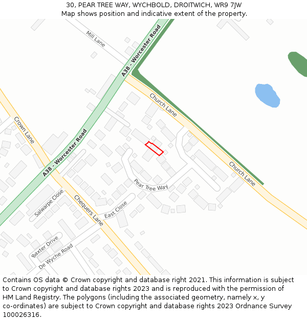 30, PEAR TREE WAY, WYCHBOLD, DROITWICH, WR9 7JW: Location map and indicative extent of plot