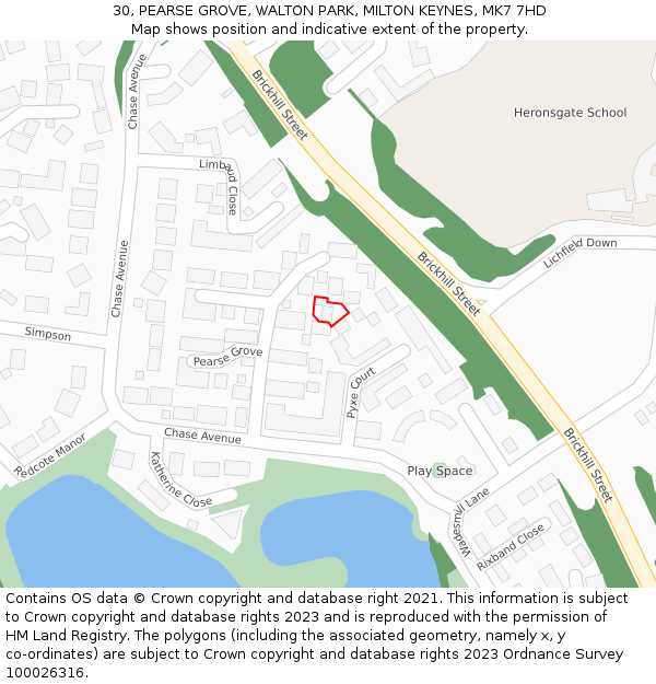 30, PEARSE GROVE, WALTON PARK, MILTON KEYNES, MK7 7HD: Location map and indicative extent of plot