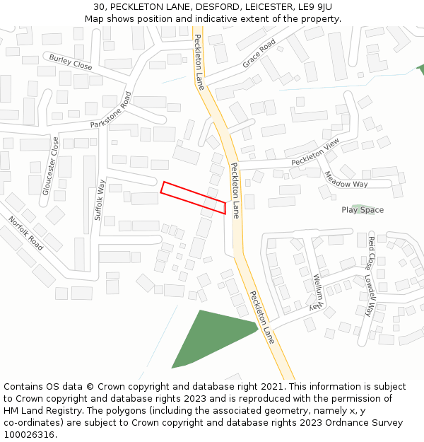 30, PECKLETON LANE, DESFORD, LEICESTER, LE9 9JU: Location map and indicative extent of plot