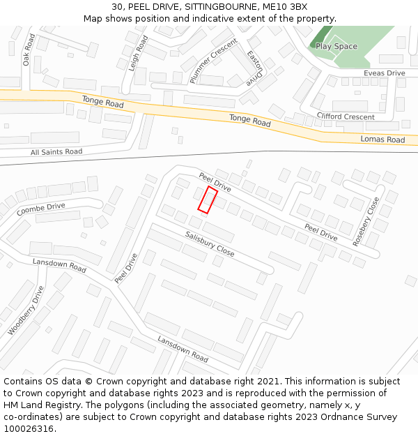 30, PEEL DRIVE, SITTINGBOURNE, ME10 3BX: Location map and indicative extent of plot