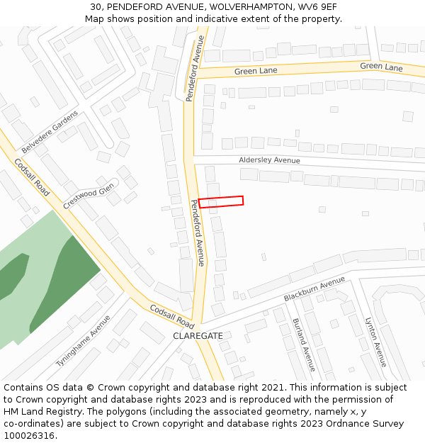 30, PENDEFORD AVENUE, WOLVERHAMPTON, WV6 9EF: Location map and indicative extent of plot