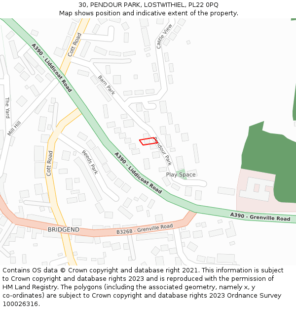 30, PENDOUR PARK, LOSTWITHIEL, PL22 0PQ: Location map and indicative extent of plot