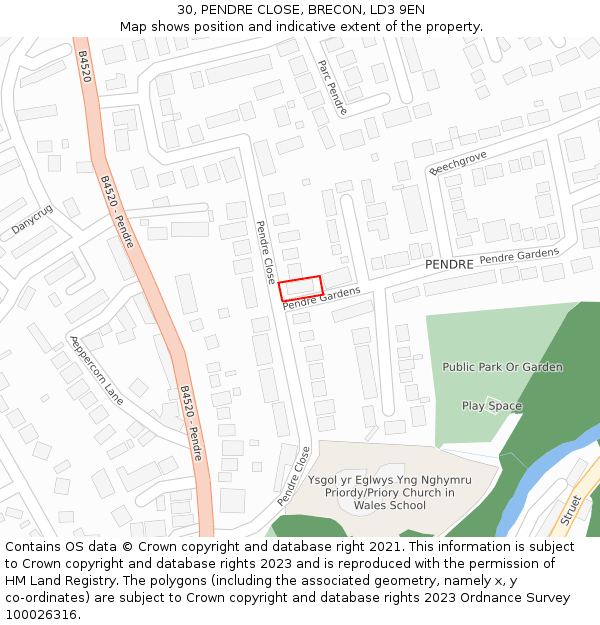 30, PENDRE CLOSE, BRECON, LD3 9EN: Location map and indicative extent of plot