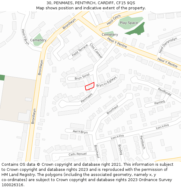 30, PENMAES, PENTYRCH, CARDIFF, CF15 9QS: Location map and indicative extent of plot