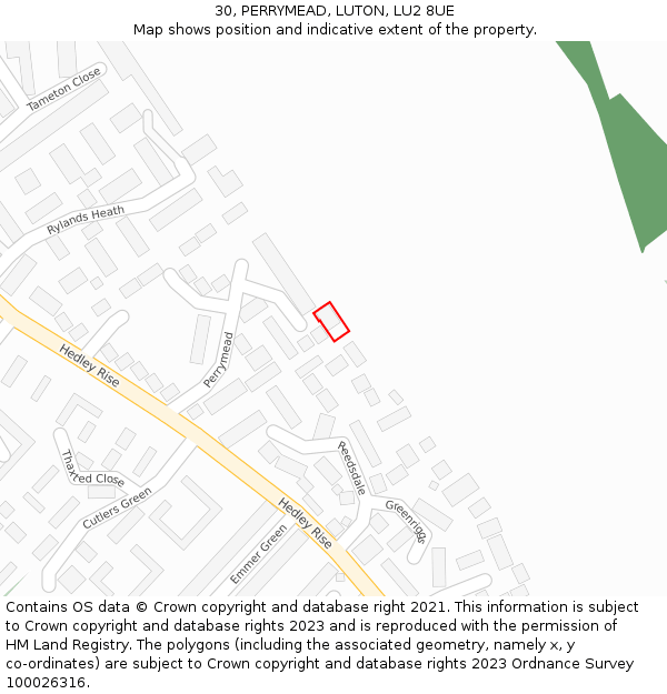 30, PERRYMEAD, LUTON, LU2 8UE: Location map and indicative extent of plot