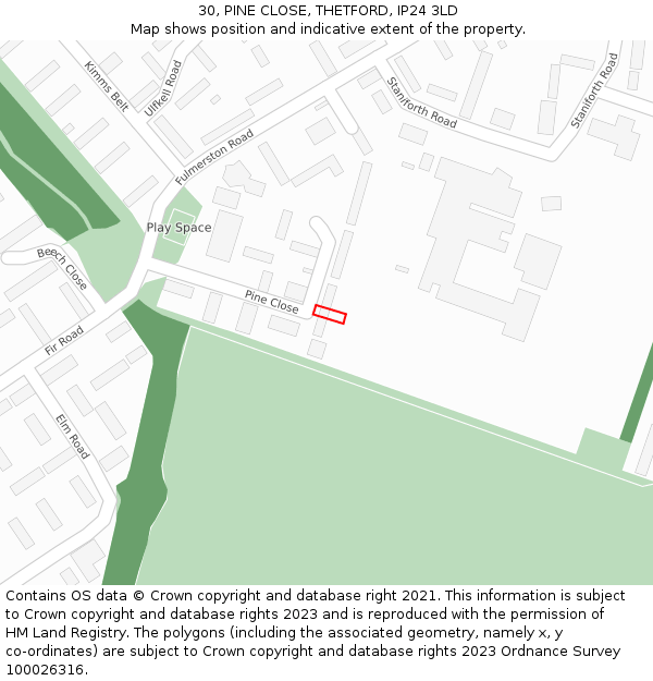 30, PINE CLOSE, THETFORD, IP24 3LD: Location map and indicative extent of plot