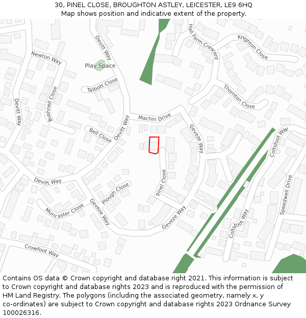 30, PINEL CLOSE, BROUGHTON ASTLEY, LEICESTER, LE9 6HQ: Location map and indicative extent of plot