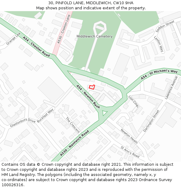 30, PINFOLD LANE, MIDDLEWICH, CW10 9HA: Location map and indicative extent of plot