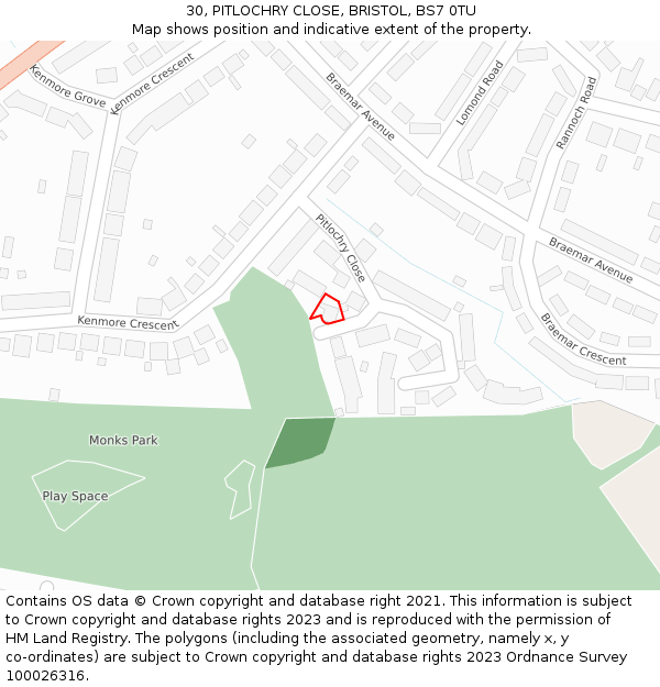 30, PITLOCHRY CLOSE, BRISTOL, BS7 0TU: Location map and indicative extent of plot