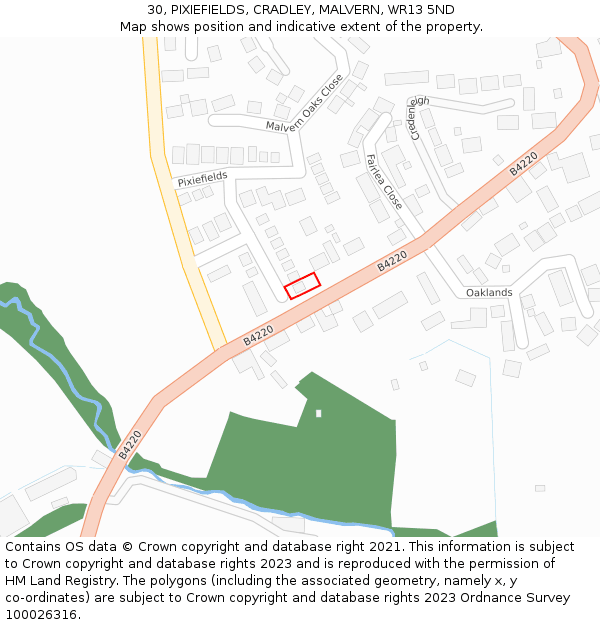 30, PIXIEFIELDS, CRADLEY, MALVERN, WR13 5ND: Location map and indicative extent of plot