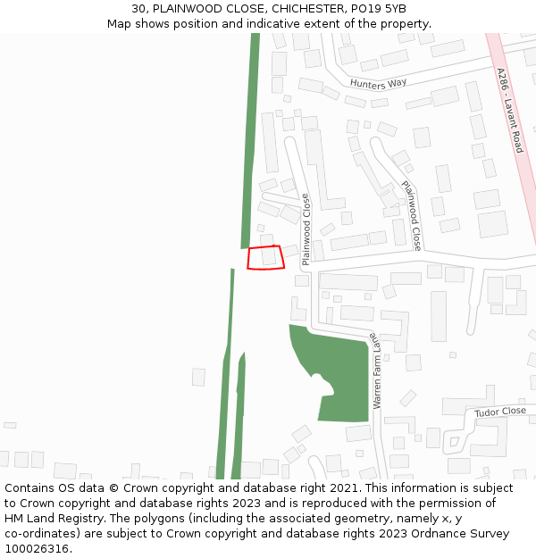 30, PLAINWOOD CLOSE, CHICHESTER, PO19 5YB: Location map and indicative extent of plot